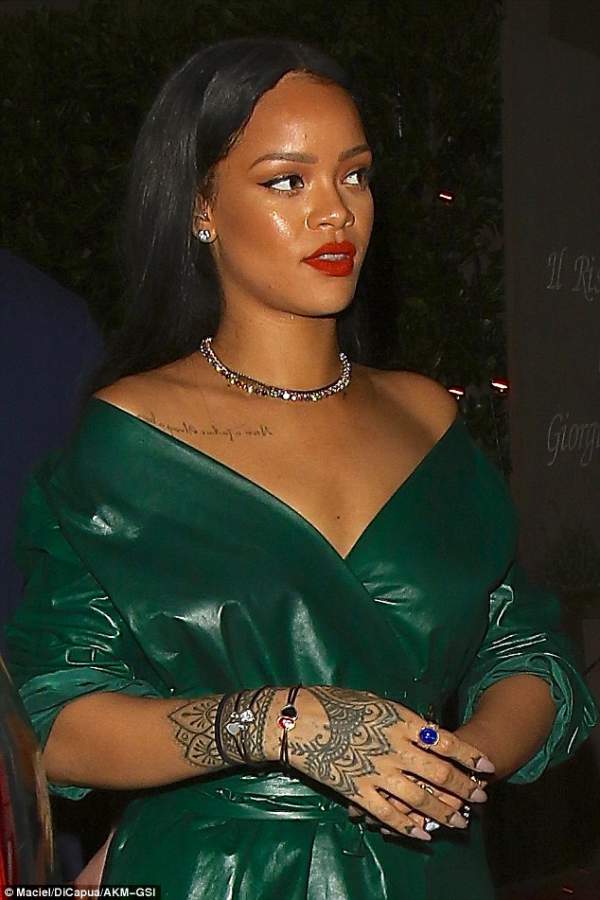 Rihanna Looks Glamorous In Christian Louboutin and In Off-The-Shoulder Emerald Green Wrap Dress