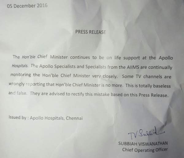 Jayalalitha Health Update: Apollo Hospital Declares CM Jayalalithaa Dead In A Official Press Release