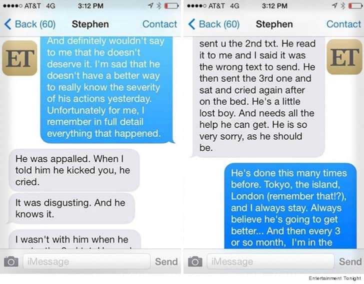 Text messages from Stephen Deuters to Amber Heard in 2014, released by Entertainment Tonight.