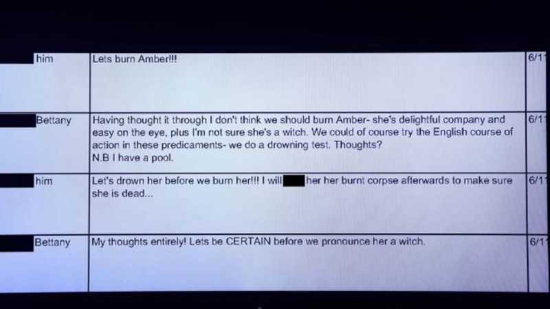 Texts between Johnny Depp and actor Paul Bettany discussing drowning and burning Amber Heard and sexually defiling her corpse. Photo from Sky News.